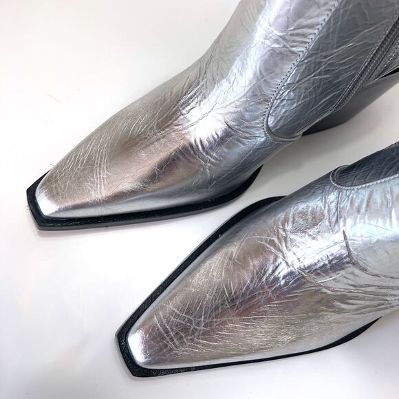 LARROUDE NWT James Crinkled Metallic Leather Boots in Silver Size 8.5 - Picture 6 of 14